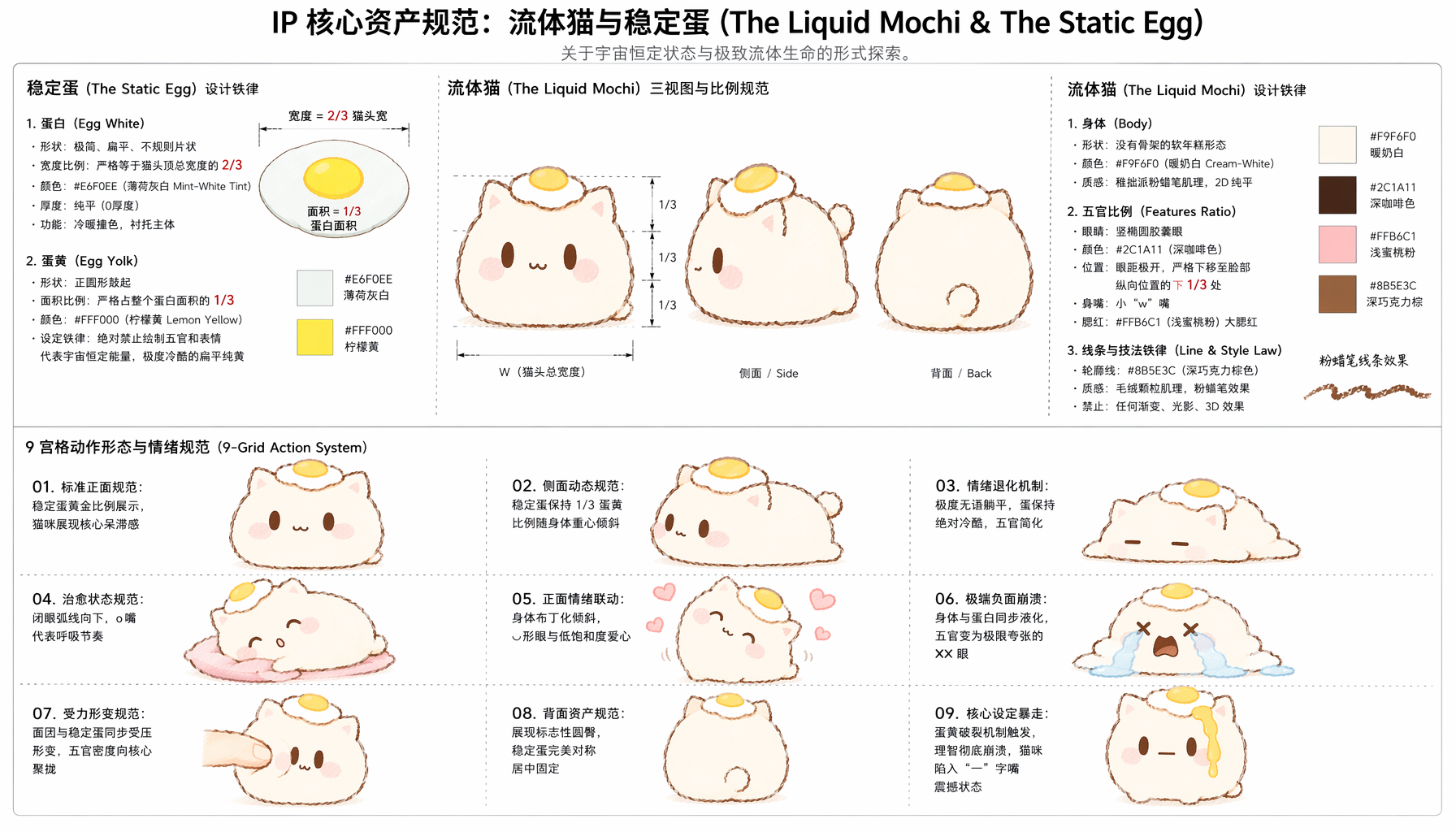 Mochi Cat流体猫IP核心资产规范，包含角色比例、三视图、颜色、动作和情绪规则